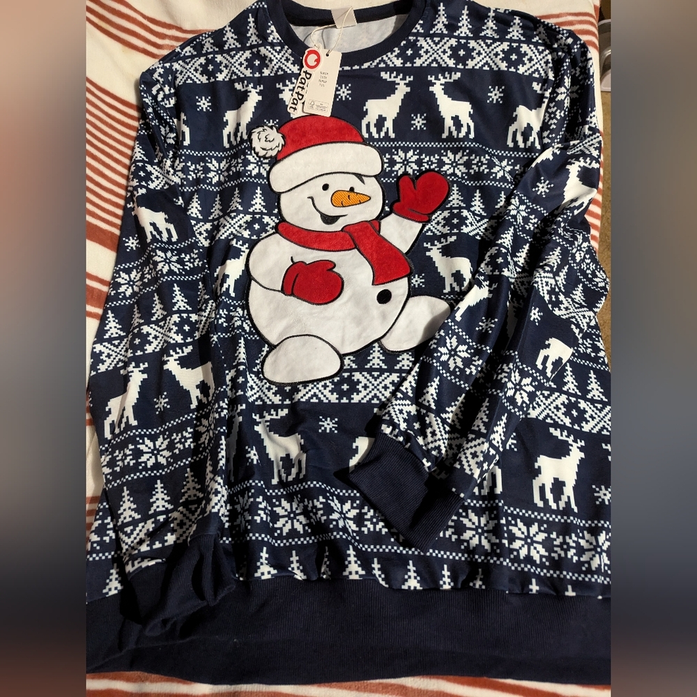 PatPat Navy Snowman and Reindeer Super Soft Fleece Sweater